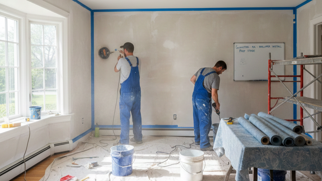 Wallpaper installation preparation in a Gloucester MA residence