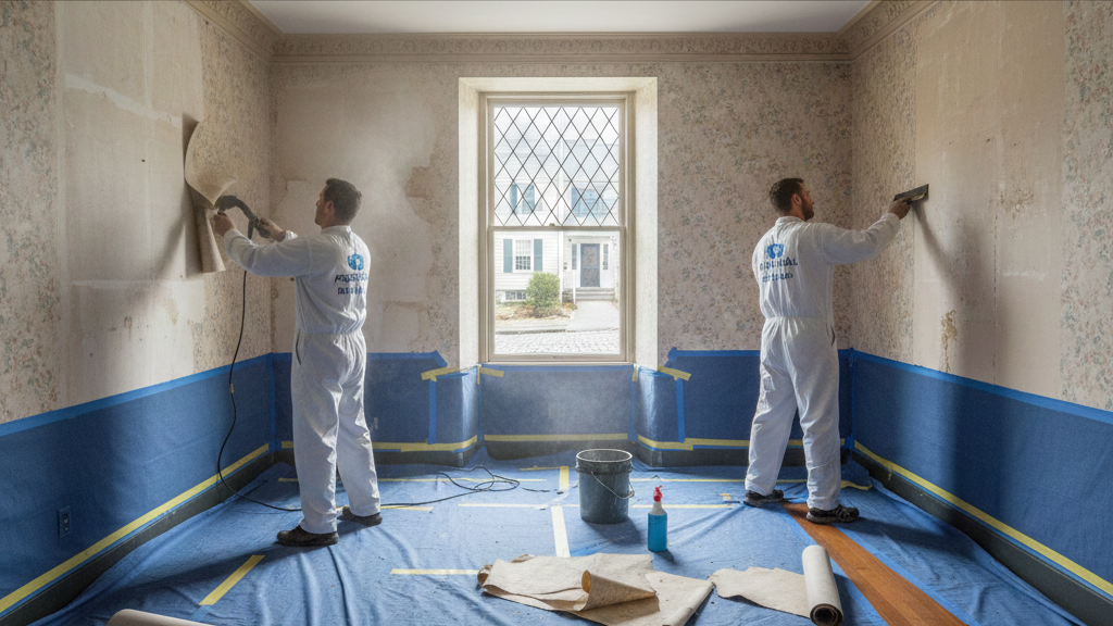 Professional wallpaper removal in an older Gloucester MA home