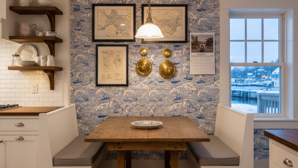 Wallpaper accent wall in a Gloucester MA kitchen