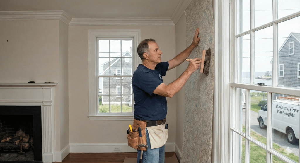 Professional wallpaper installer working in a Gloucester MA home