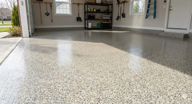 Epoxy Flooring 7 Epoxy garage floor system example with decorative flake broadcast finish