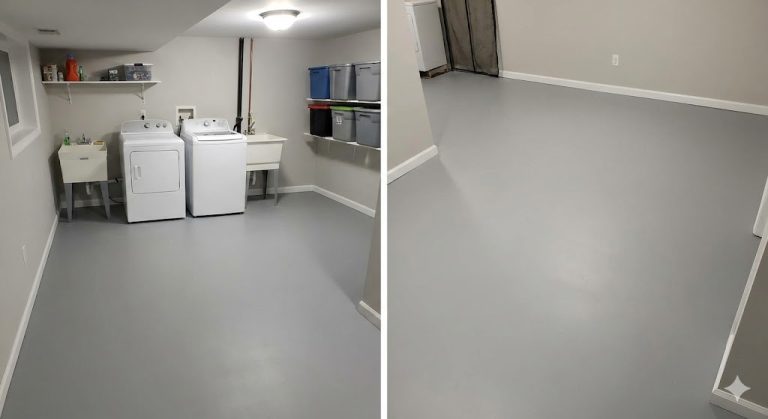 Epoxy Flooring 10 Solid color epoxy flooring system example for basement or utility space