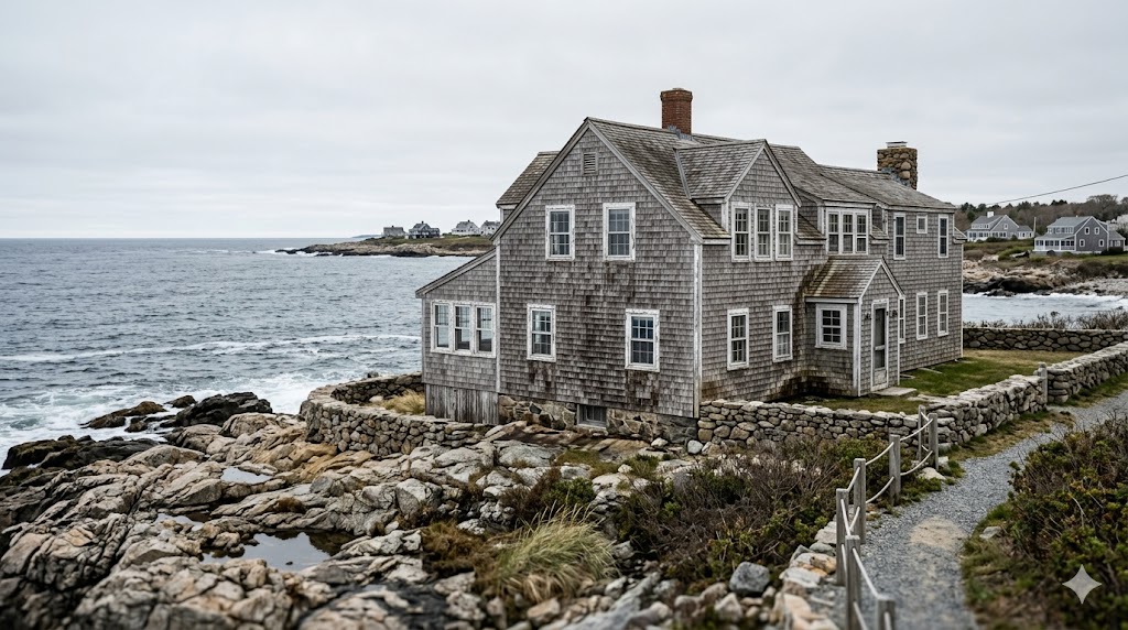 Cedar shingle siding on a Bass Rocks Cape Ann home showing accelerated weathering from direct Atlantic salt air exposure