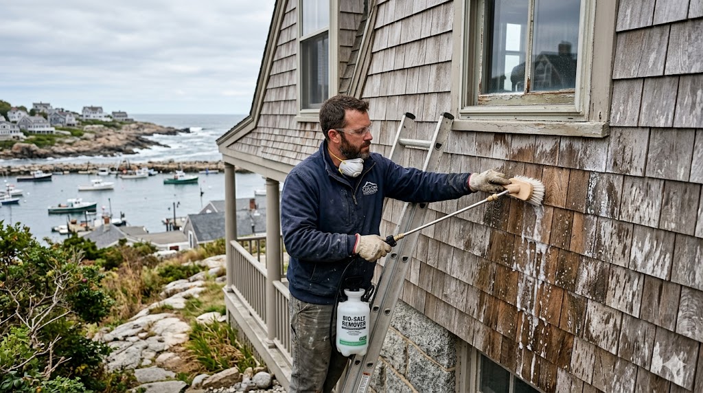 Professional de-salting wash treatment applied to cedar shingles on a Gloucester MA home before sealing