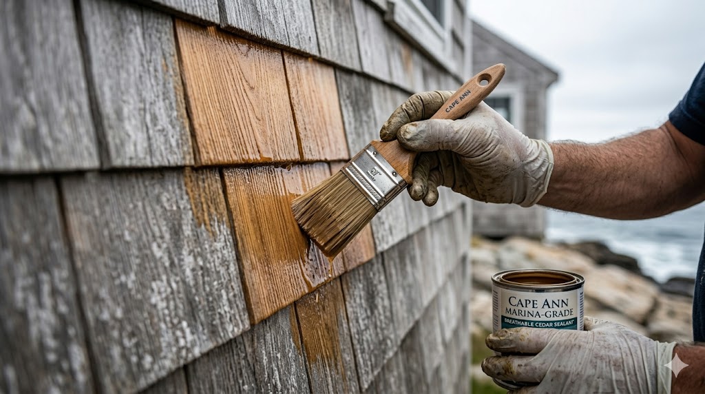 Applying breathable marine-grade sealant to cedar shingles on a Cape Ann coastal home for long-term protection