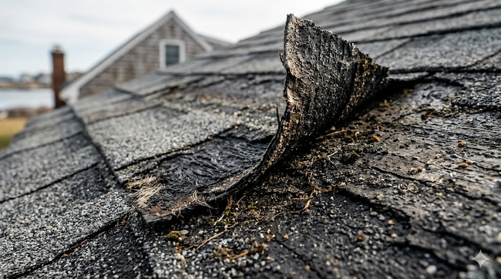 Close-up of asphalt shingle granule loss and exposed bitumen caused by high-pressure washing — accelerated deterioration
