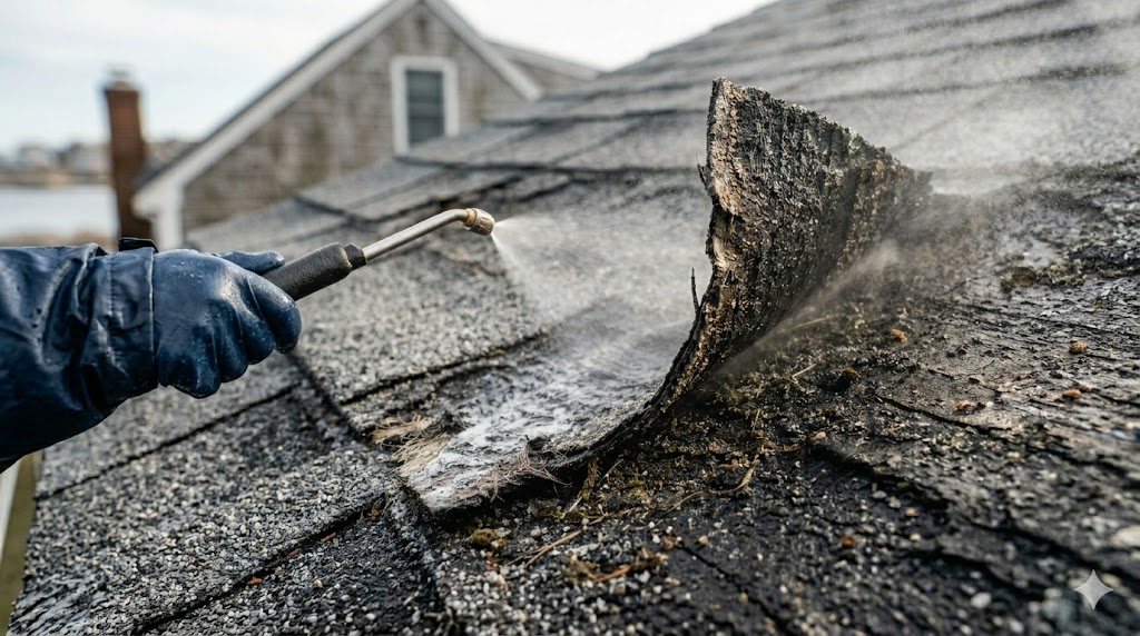 Safe soft-wash roof restoration process on a Rockport MA coastal property — low pressure chemistry-based treatment protecting shingle granules